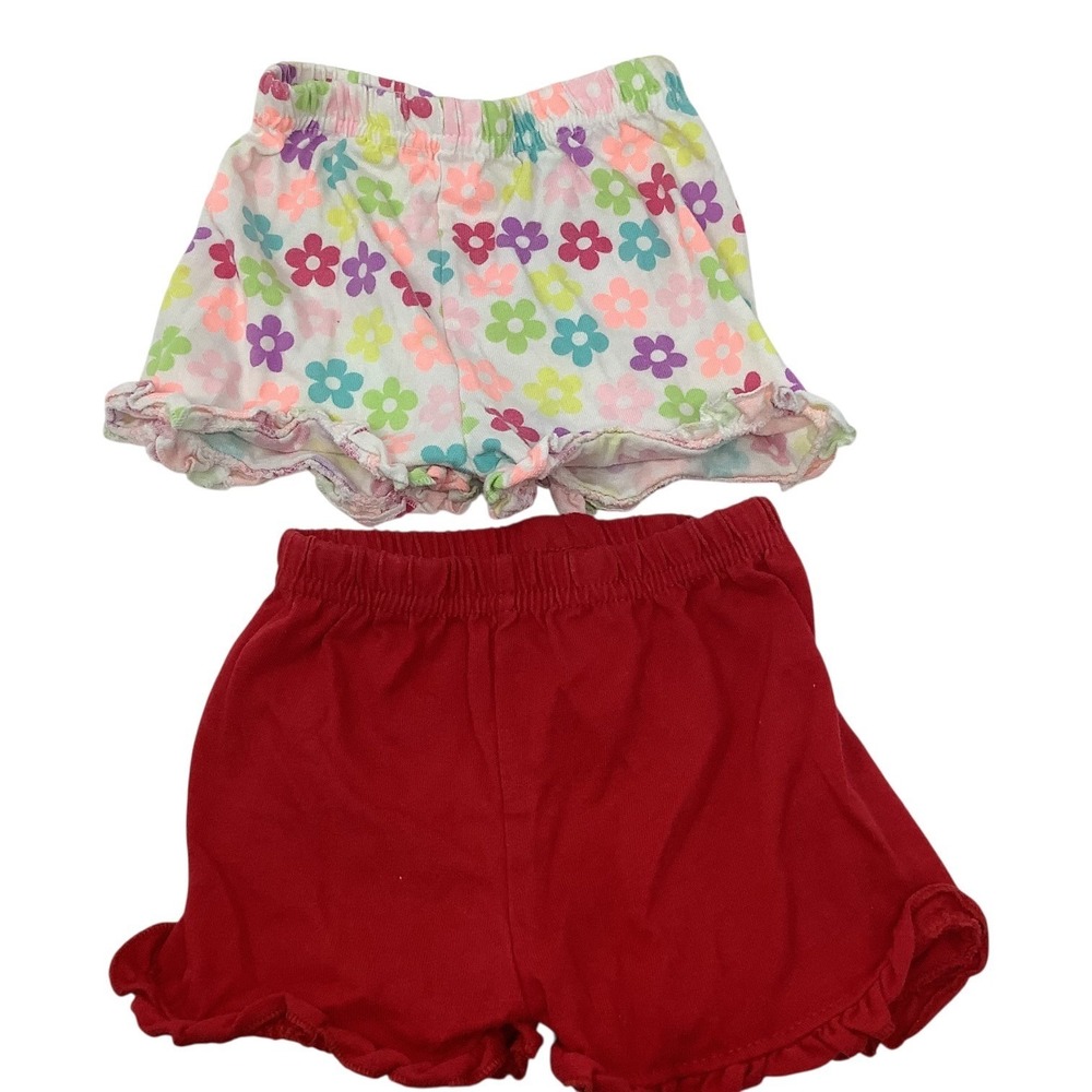 2 Pairs Garanimals Shorts Girls 2T‎ Red Floral Ruffle Elastic Waist Cotton Blend